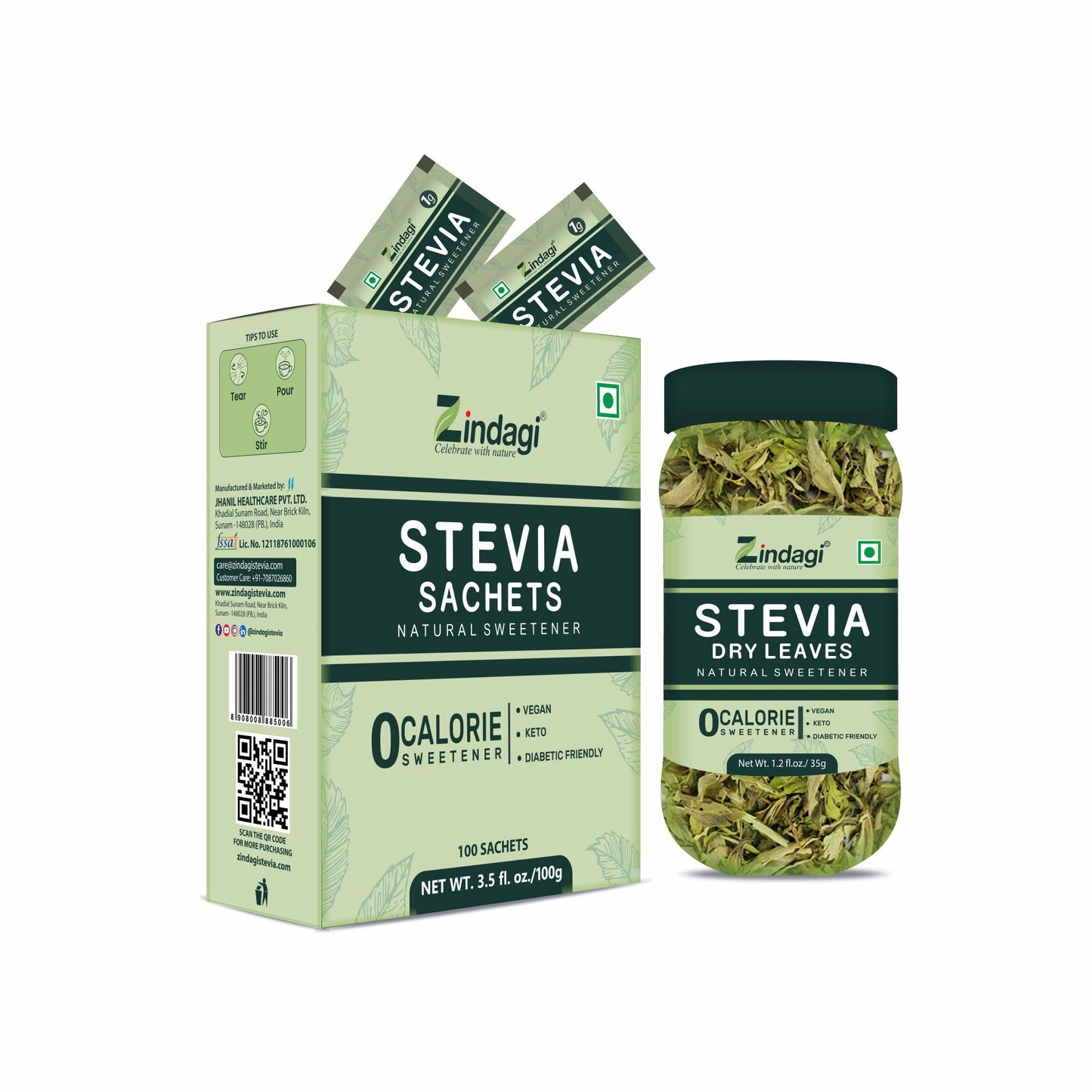 Zindagi Stevia Dry Leaves & Stevia Sachets | Stevia Sugar Free & Zero Clorie Sweetener | Stevia Combo Pack