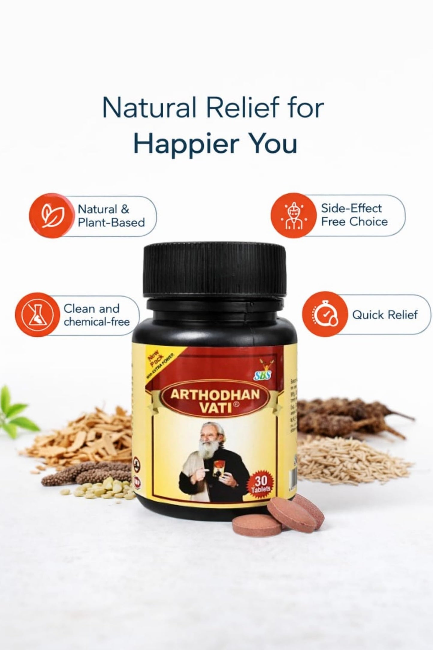 SBS Natural Pain Relief Tablets | 100% Natural Ingredients for Muscle, Back, Knee, Neck, Joint & Nerve Pain | No Side Effects, Herbal Supplement - 30 Tablets