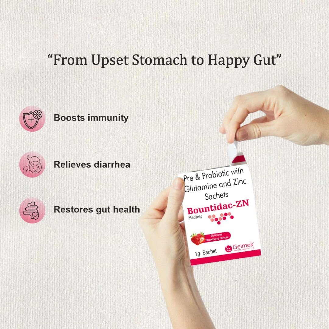 Bountidac-ZN Pre & Probiotic Sachets with L-Glutamine and Zinc Sulphate | Strawberry Flavour | 1g | 50 Sachets | Gelmek