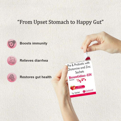 Bountidac-ZN Pre & Probiotic Sachets with L-Glutamine and Zinc Sulphate | Strawberry Flavour | 1g | 50 Sachets | Gelmek