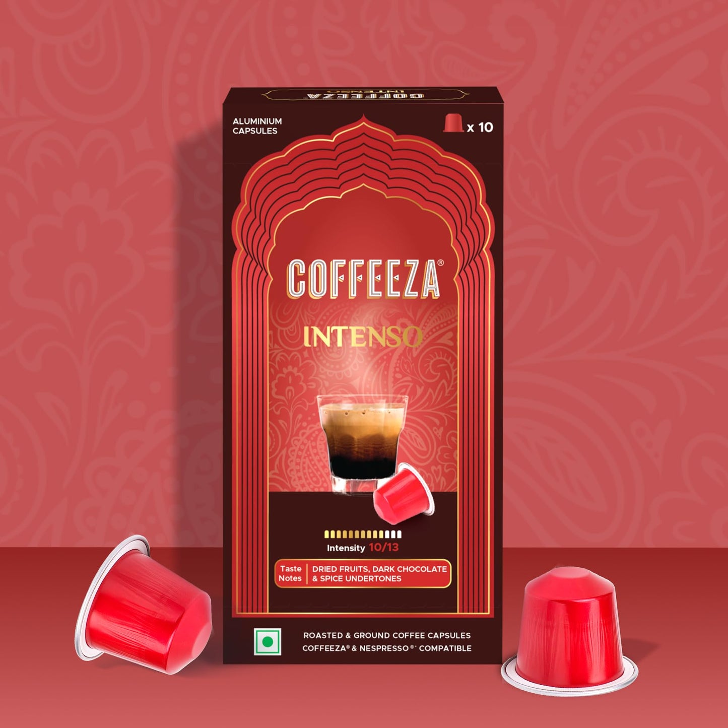 Coffeeza Intenso Aluminium Coffee Capsules, Intensity - 10, Nespresso Compatible Coffee Pods | Box of 1 (10 Capsules) | Brew Cold/Hot