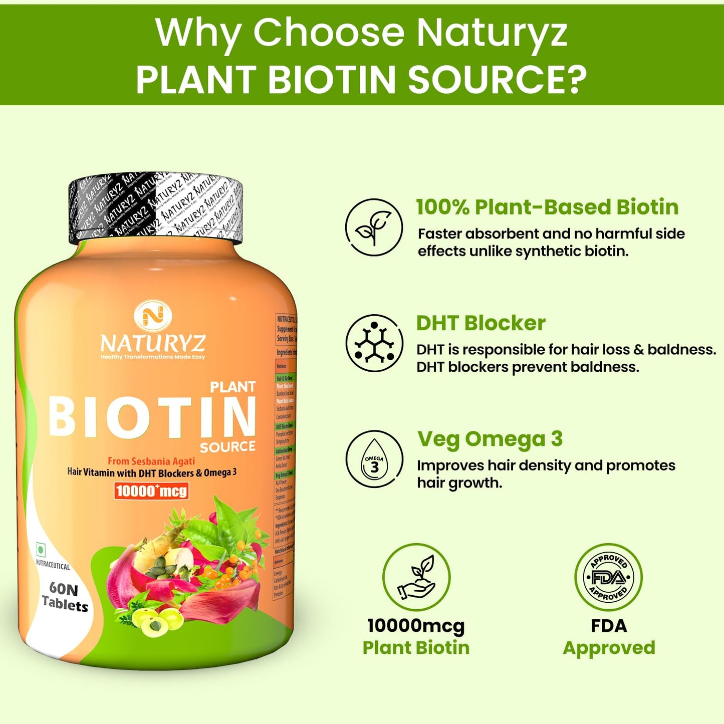 Naturyz Imported Icelandic COD Liver Oil Combo Pack for Immunity Skin Eye Muscle Joint Health & 100% Plant Based Biotin Tablets with High Protein Vitamin DHT Omega 3 for Strong Hairs, Nails Growth