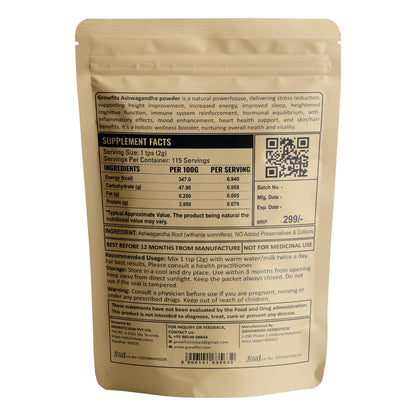 Growfitz 100% Organic Ashwagandha Powder 230g | Withania Somnifera | Energy Boost, Anxiety & Stress Relief, Height Improvement, Immunity System | ISO Certified | Vegan, Gluten-Free | Pack of 1