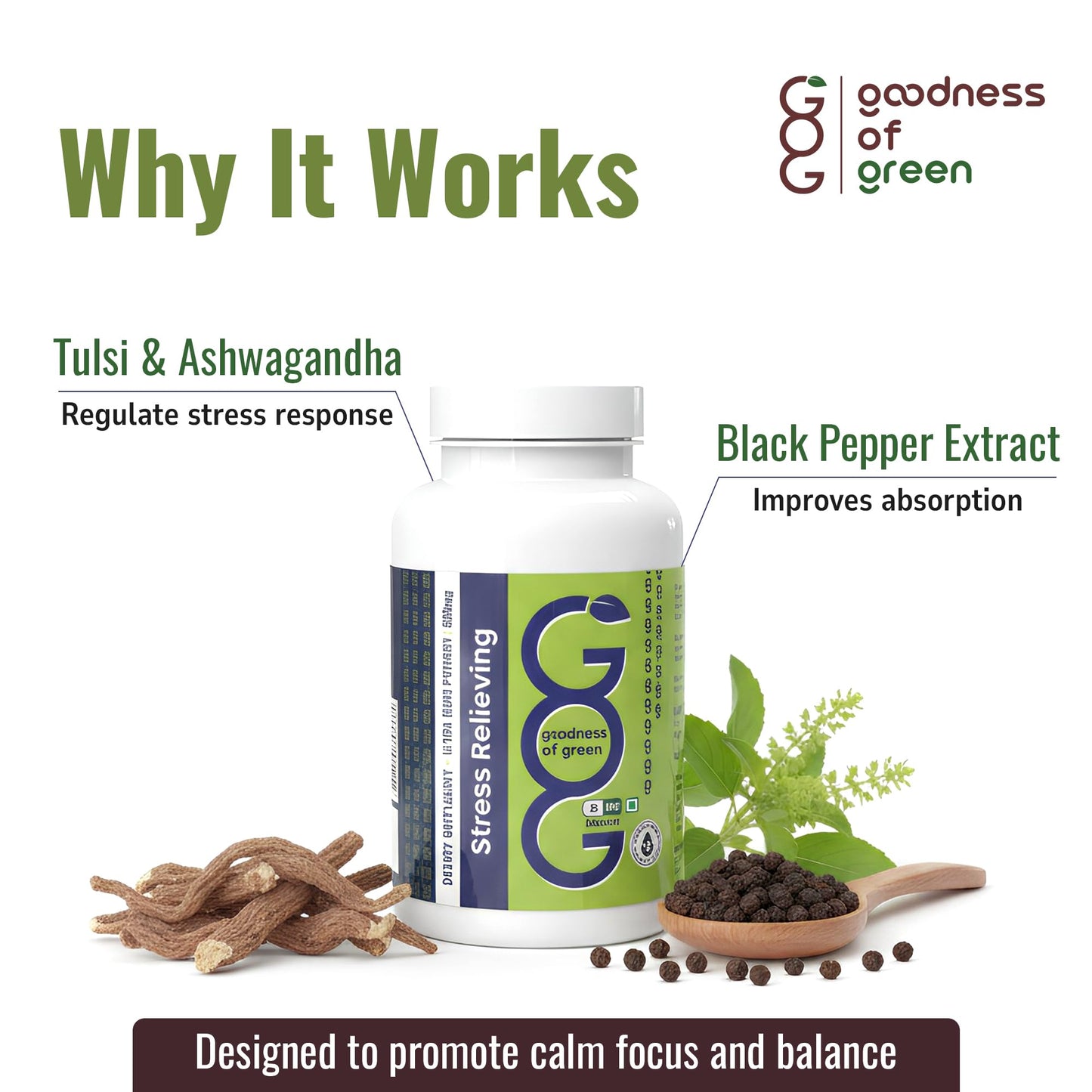 Goodness of Green Stress Relief Capsules with Tulsi & Ashwagandha, Natural Stress & Anxiety Support, Enhances Sleep Quality, Focus & Emotional Balance, 100% Pure, Vegan, Gluten-Free, 30 Veg Capsules