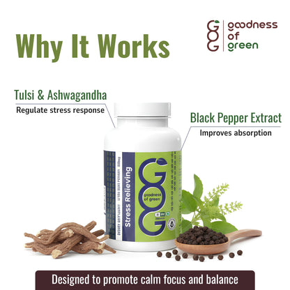 Goodness of Green Stress Relief Capsules with Tulsi & Ashwagandha, Natural Stress & Anxiety Support, Enhances Sleep Quality, Focus & Emotional Balance, 100% Pure, Vegan, Gluten-Free, 30 Veg Capsules