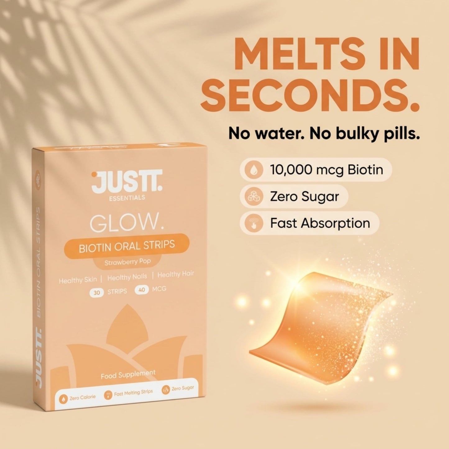 JUSTT ESSENTIALS Glow Biotin Oral Strips, 10,000 mcg Sesbania Extract, Strawberry Pop Flavor, 30 Fast Dissolving Strips, Vegan Plant-Based Supplement for Hair Growth, Glowing Skin & Strong Nails