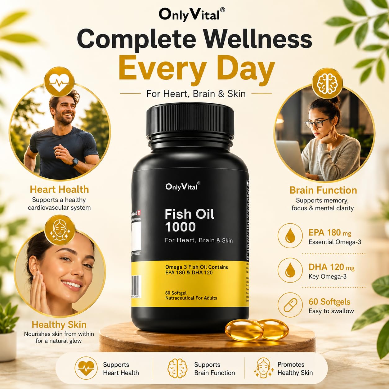 OnlyVital Fish Oil 1000 mg Softgels | Omega 3 with EPA 180 mg & DHA 120 mg | Supports Heart, Brain & Skin Health | Nutraceutical Supplement | 60 Softgels