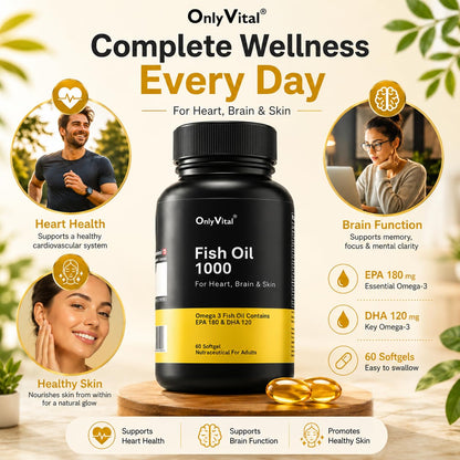 OnlyVital Fish Oil 1000 mg Softgels | Omega 3 with EPA 180 mg & DHA 120 mg | Supports Heart, Brain & Skin Health | Nutraceutical Supplement | 60 Softgels