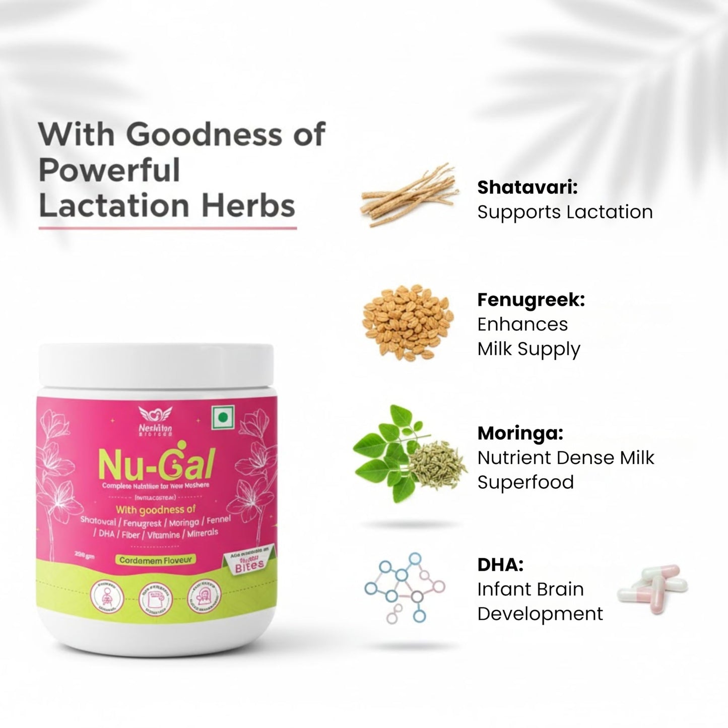 Nu-Gal Lactation Powder 200g | Postnatal Nutrition Drink for New Mothers | Blend of Shatavari, Fenugreek, Moringa, Fennel, DHA, Fiber, Vitamins & Minerals | No Added Sugar