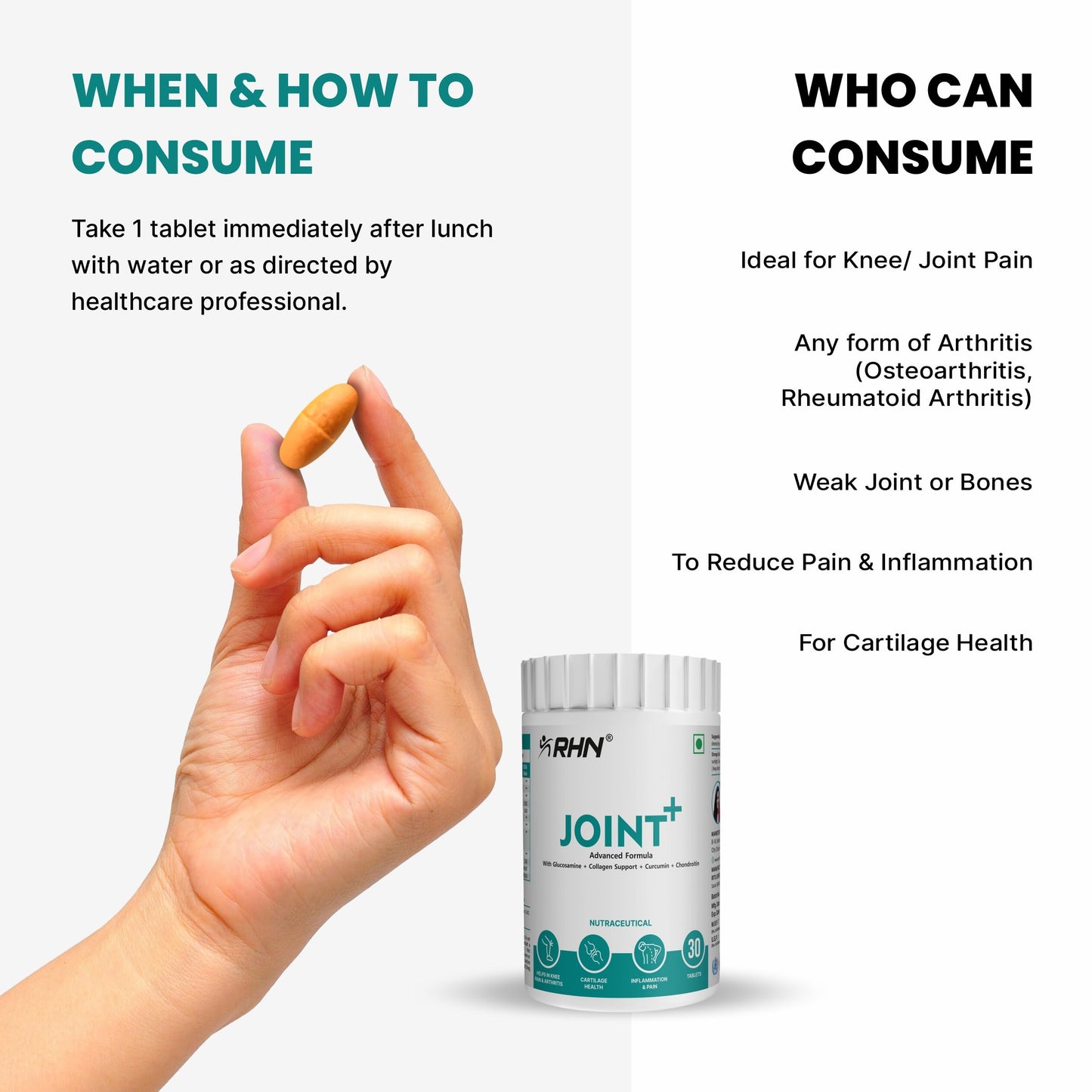 RHN Joint Plus | Glucosamine, Collagen Support, Curcumin & Chondroitin | Bone & Joint Health Supplement | 30 Tablets