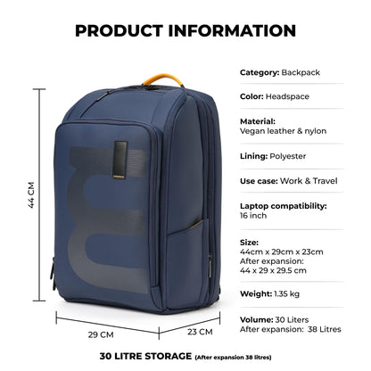 MOKOBARA Em Telescope Backpack | 30L Expandable to 38L | Fits 16 inch Laptop | Water-Resistant Vegan Leather & Nylon | Travel, Work & School | Ergonomic Design, Padded Straps | Navy Blue