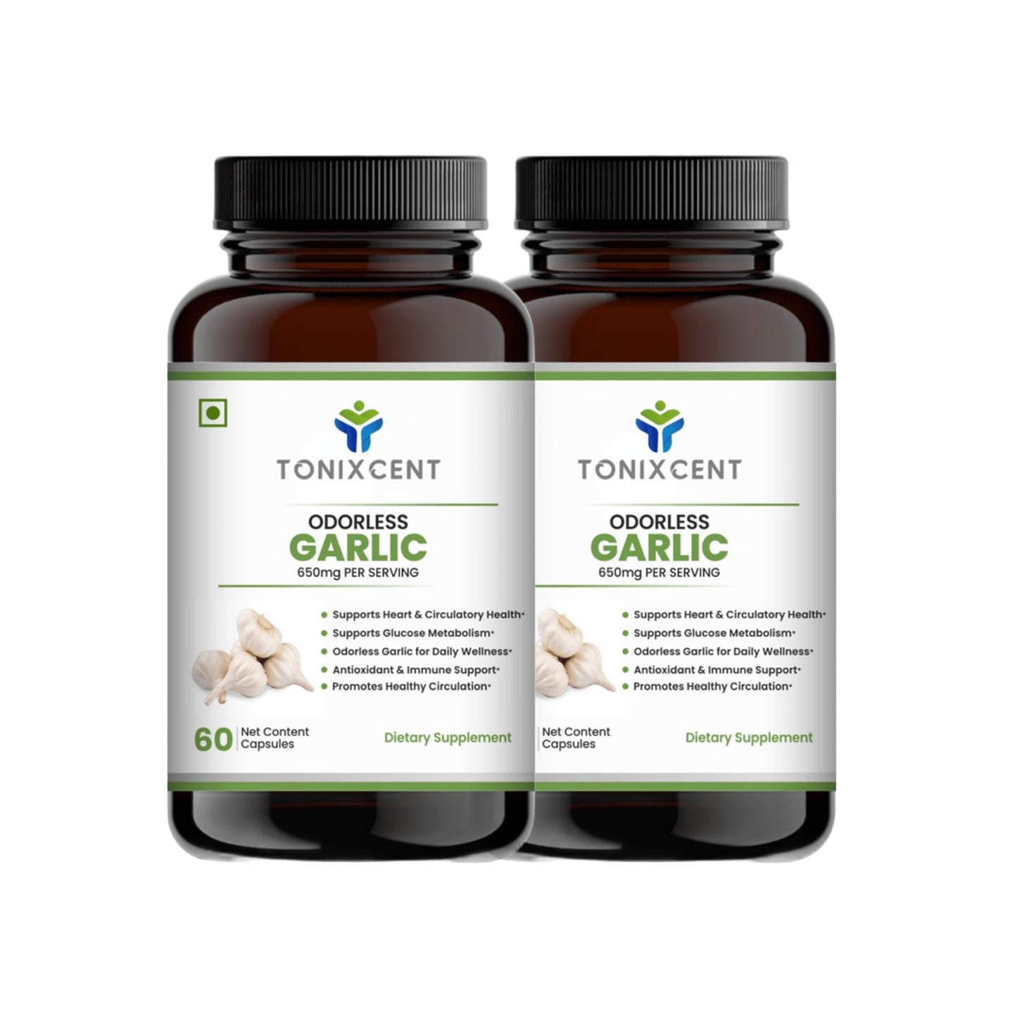 TONIXCENT Odorless Garlic Capsules 650mg with Natural Extract, Daily Heart & Circulatory Support, Antioxidant & Immunity Support Supplement, Odor-Free Garlic for Wellness, Veg Capsules for Men & Women – 60 Count