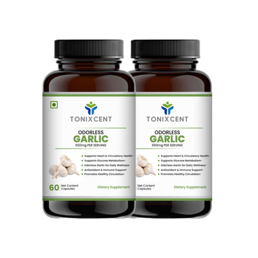 TONIXCENT Odorless Garlic Capsules 650mg with Natural Extract, Daily Heart & Circulatory Support, Antioxidant & Immunity Support Supplement, Odor-Free Garlic for Wellness, Veg Capsules for Men & Women – 60 Count