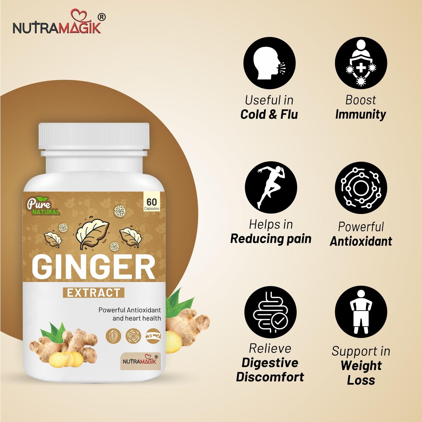 Nutramagik Ginger Extract for Immunity Building- Support Antioxidant and Digestive Health (60 Capsules, 1)