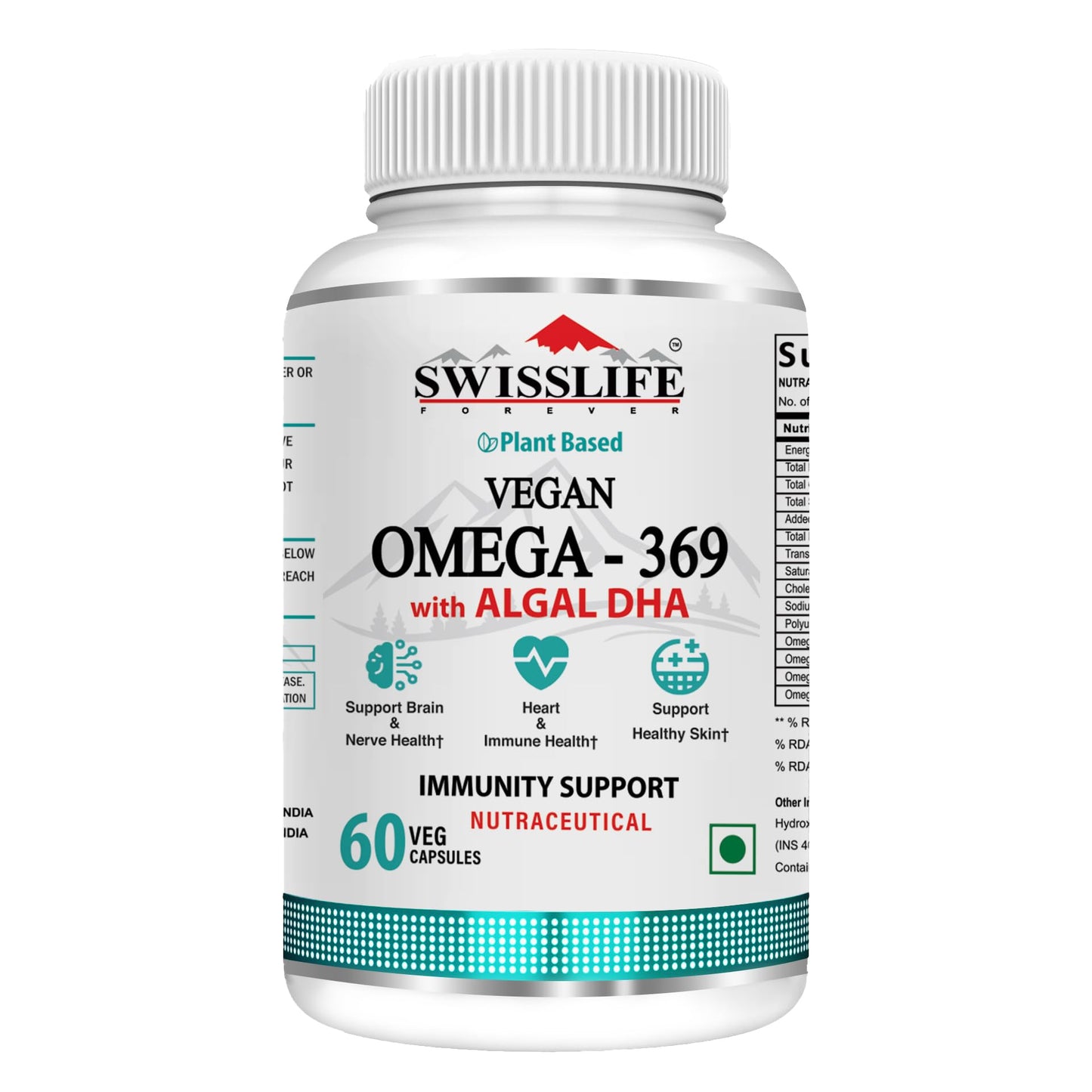 SwissLife Forever Plant Based Vegan Omega 3 6 9 with Algal DHA | Support Brain, Nerve, Heart & Immune Health | Healthy Skin for Men & Women (60 Capsules)