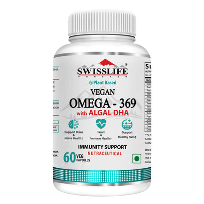 SwissLife Forever Plant Based Vegan Omega 3 6 9 with Algal DHA | Support Brain, Nerve, Heart & Immune Health | Healthy Skin for Men & Women (60 Capsules)