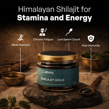 Ethniq Himalayan Shilajit Gold Resin 25g with Swarna Bhasma | 250mg/Serving | 100 Servings | Supports Energy, Strength, Stamina & Vitality | Lab Tested | AYUSH Approved | 75%+ Fulvic Acid & 80+ Minerals