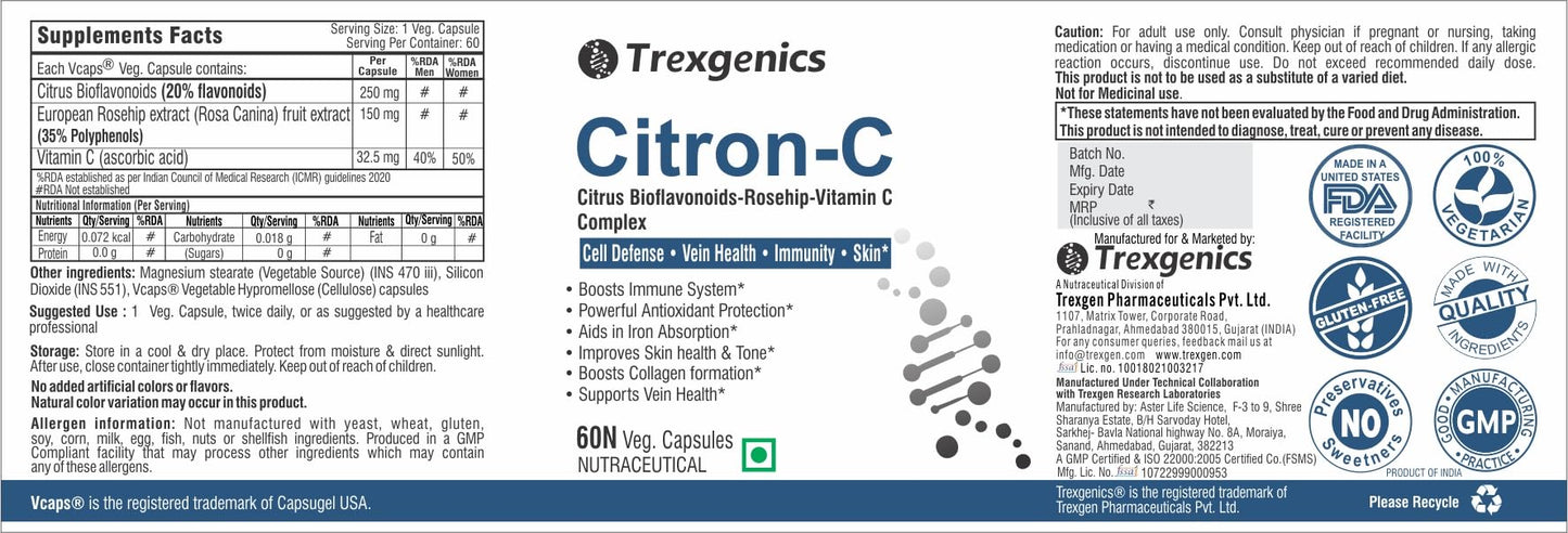 Trexgenics® Citron-C Citrus Bioflavonoids 20%-Rosehip 35%-Vitamin C Complex 650mg - Collagen Builder, Vein Health, Immunity, Antioxidant & Skin (60 Veg. Capsules)