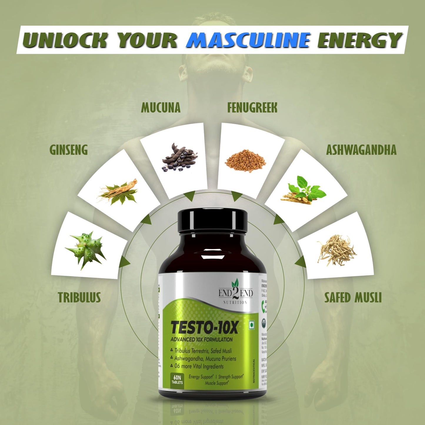 End2End Nutrition Testo-10X Natural Testosterone Booster for Men with Tribulus, L-Arginine, Ashwagandha and Safed Musli for Strength, Stamina, Energy and Muscle Gain – (Pack of 3) 30x3 Tablets