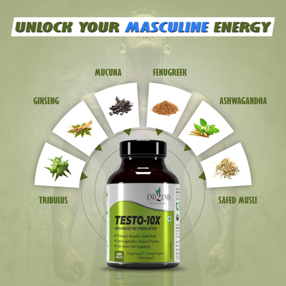 End2End Nutrition Testo-10X Natural Testosterone Booster for Men with Tribulus, L-Arginine, Ashwagandha and Safed Musli for Strength, Stamina, Energy and Muscle Gain – (Pack of 3) 30x3 Tablets