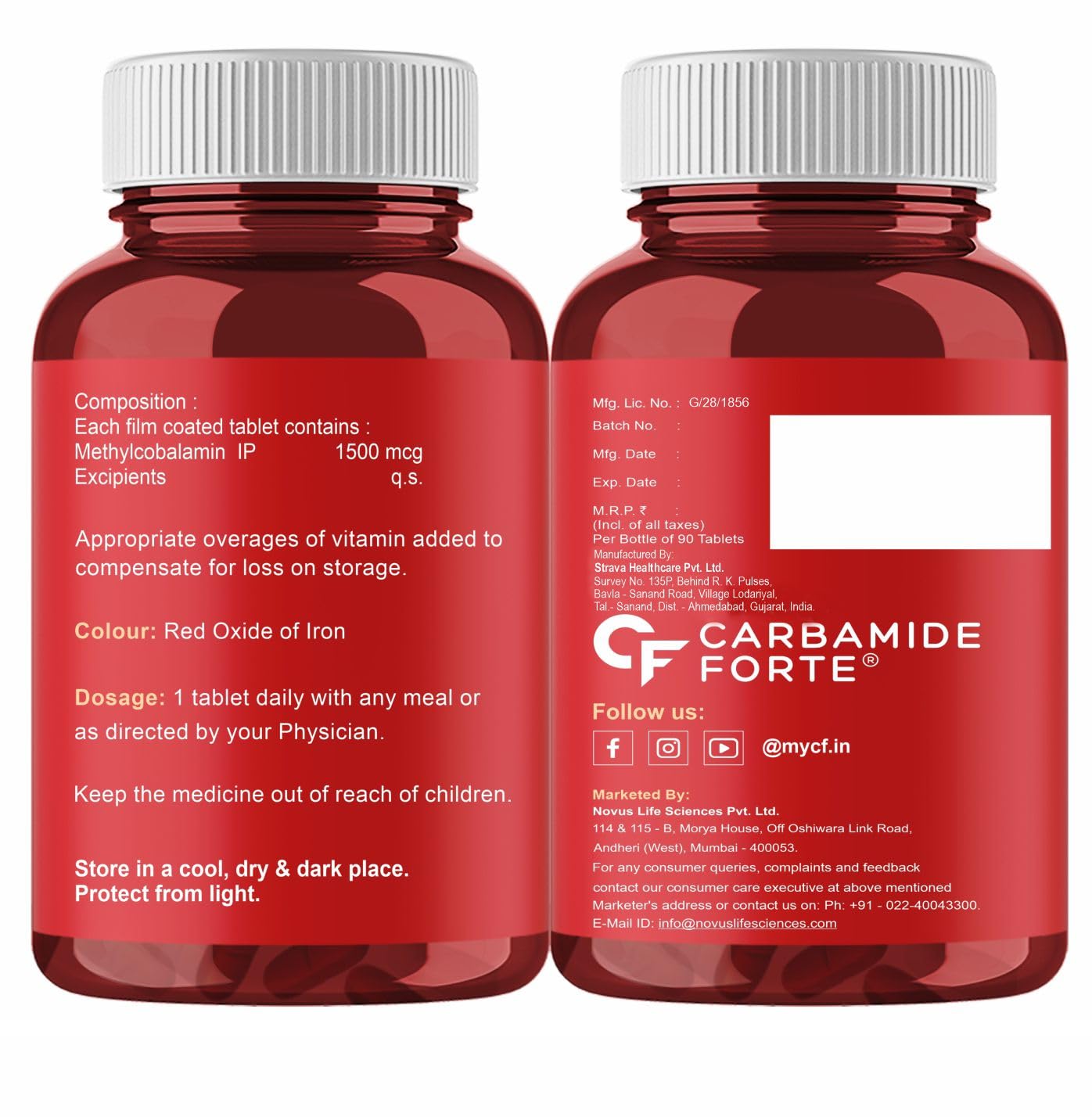 Carbamide Forte Vitamin B12 Tablets 1500 mcg -Active form of Methylcobalamin Vitamin B12 Supplements for Men & Women- 90 Veg Tablets