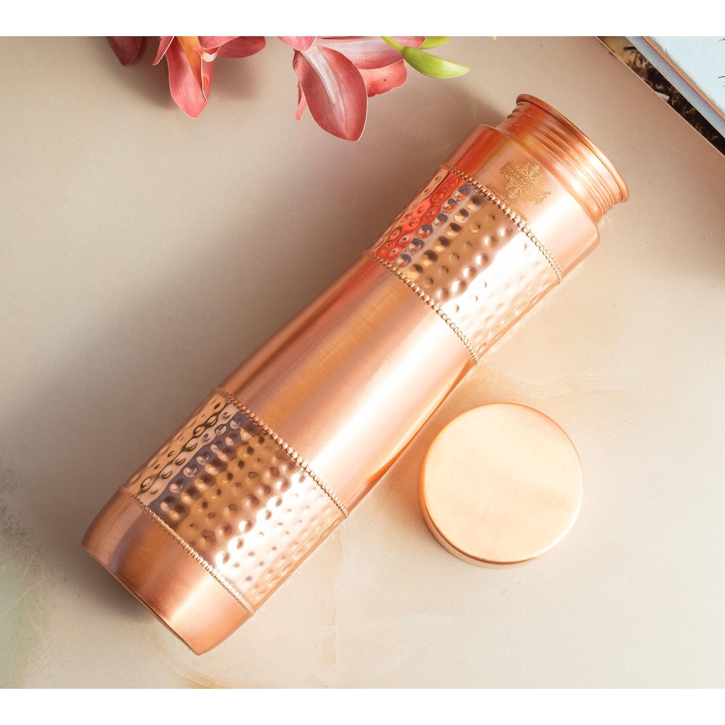 INDIAN ART VILLA Pure Copper Water Bottle With Half Lacquer Hammered Ch- image 6