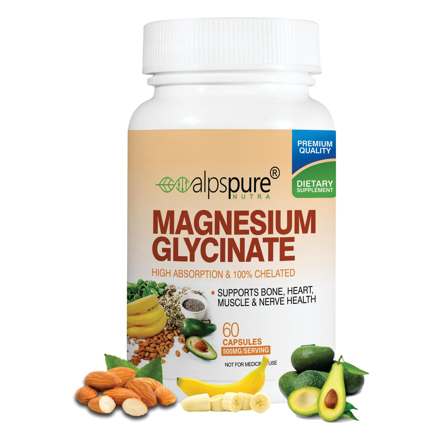 Alpspure Nutra Magnesium Glycinate | 60 Veg Capsules | High Absorption & Chelated Form | Better Sleep Quality | Improves Muscle & Nerve Function | Magnesium Supplement | Healthy Bones