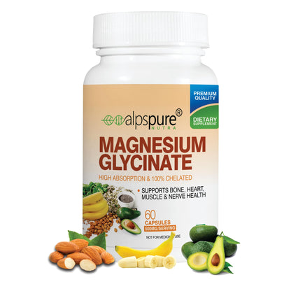 Alpspure Nutra Magnesium Glycinate | 60 Veg Capsules | High Absorption & Chelated Form | Better Sleep Quality | Improves Muscle & Nerve Function | Magnesium Supplement | Healthy Bones