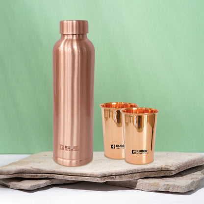 Kuber Industries Copper Water Bottle 950 ml & Pack of 2 Glasses 300ml | 100% Pure Copper Water Bottle& Glasses I Leak Proof, Rust Proof I Copper Utensils For Home, School & Office