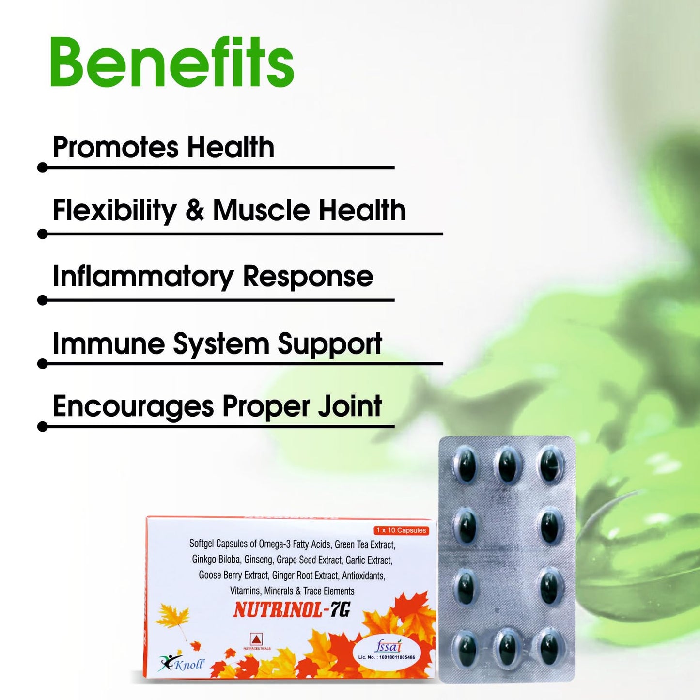 Knoll Healthcare Nutrinol 7G Multivitamin Capsules Omega 3 Fatty Acid (Fish Oil) Zinc Vitamin B1 K D EPA (90mg) DHA (60mg) 10 Capsules + 100 Ingredients (Pack of 1)