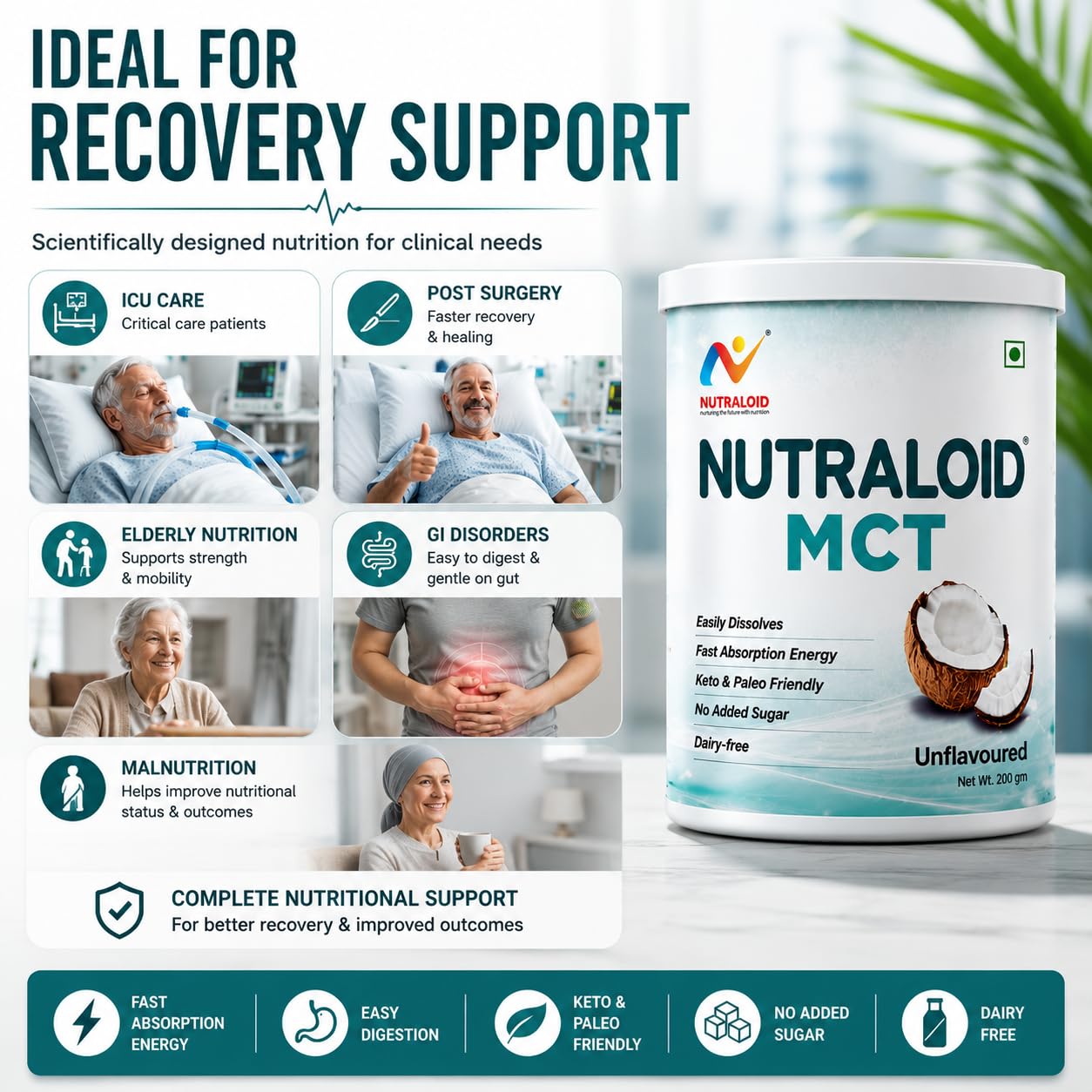NUTRALOID MCT Powder 200g | Medium Chain Triglycerides Supplement for Instant Energy | Keto & Paleo Friendly | No Added Sugar | Dairy Free | Unflavoured Coconut MCT Powder