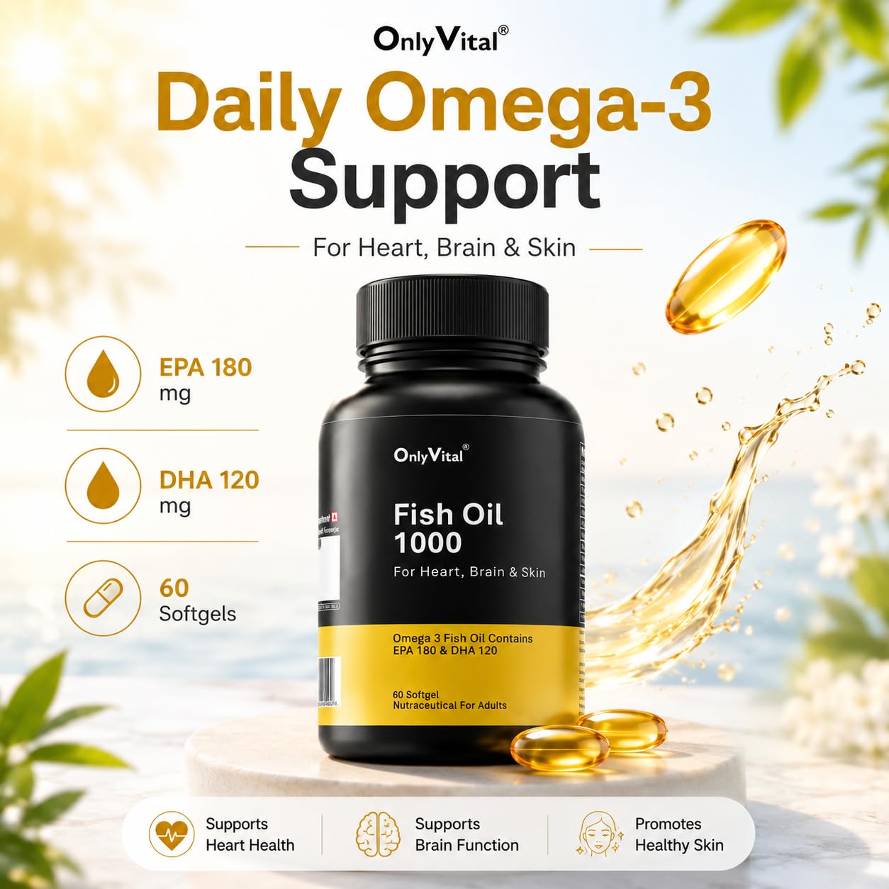 OnlyVital Fish Oil 1000 mg Softgels | Omega 3 with EPA 180 mg & DHA 120 mg | Supports Heart, Brain & Skin Health | Nutraceutical Supplement | 60 Softgels