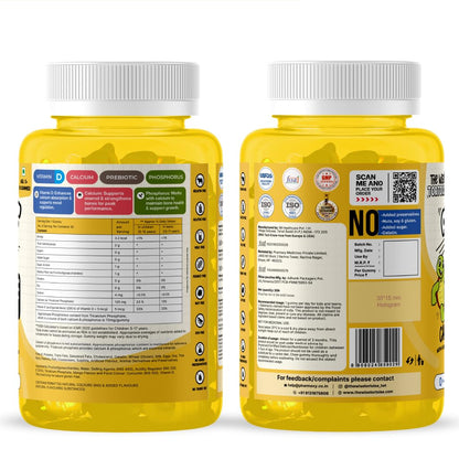 Athlete Kids Calcium + Vitamin D + Prebiotics Gummies | 0 Sugar | Bone Strength, Growth & Teeth Health | 5-15 Years | Mighty Mango Flavor | 30 Gummies | The Wise Tortoise TWT
