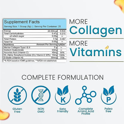 Vedapure Marine Collagen Skin Radiance Supplement |Peachy Mango, 210g |Hydrolyzed Collagen Powder with Amino Acids, Biotion, Vitamin C & E | Healthy Skin, Joints, Hairs & Nails (Pack of 1)