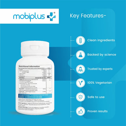 MOBIPLUS – Joint Health Supplement with Veg. Glucosamine, Boswellin, Curcumin C3 Complex & Piperine for Joint Strength, Cartilage Health, Mobility & Flexibility – 60 Tablets