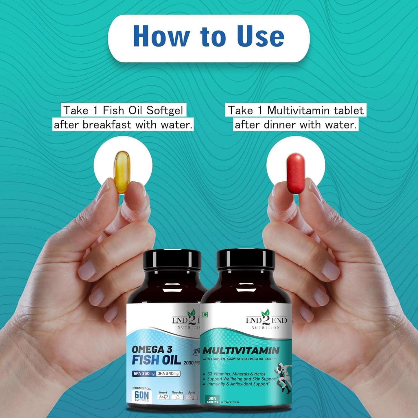 End2End Nutrition Omega 3 Fish Oil capsules and Multivitamin tablets with 33 Vitamins, Minerals and Herbs for Men and Women | Heart, Brain, Eye & Skin Health - (30x2)