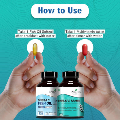 End2End Nutrition Omega 3 Fish Oil capsules and Multivitamin tablets with 33 Vitamins, Minerals and Herbs for Men and Women | Heart, Brain, Eye & Skin Health - (30x2)