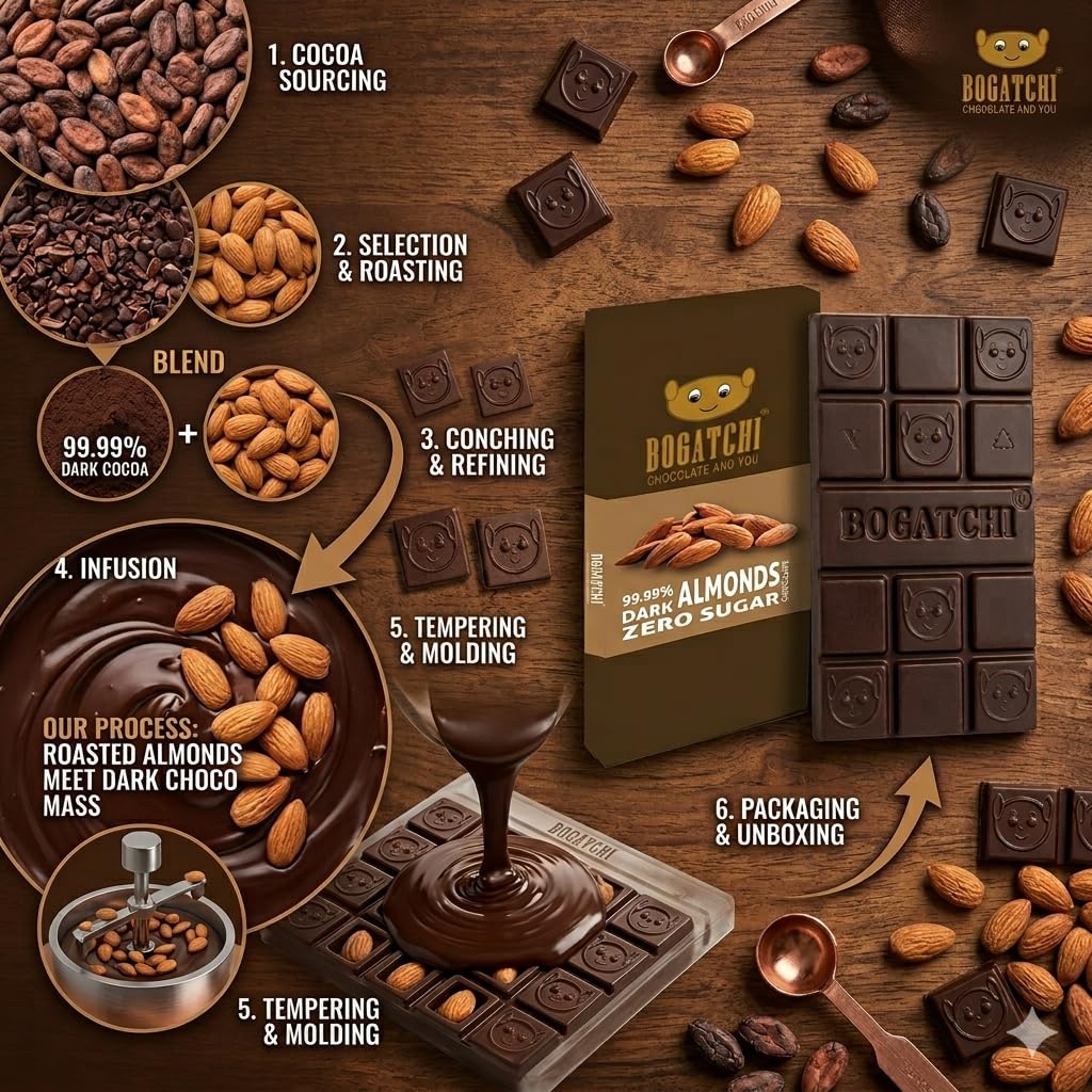 BOGATCHI Premium 99% Dark Chocolate with Almonds, 60g | Intense Real Cocoa Dark Chocolate Bar | Rich Antioxidant Gourmet Chocolate | Roasted Almonds | No Artificial Flavours | Indulgent Healthy Snack