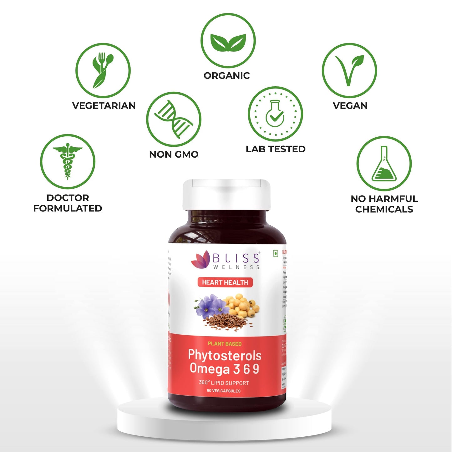 Bliss Welness Cholesterol Management Heart Health | Omega 3 6 9 + Phytosterol Plant Sterols | Lipid Profile Immunity Support Supplement - 60 Vegetarian Capsules