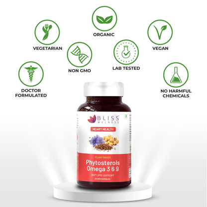 Bliss Welness Cholesterol Management Heart Health | Omega 3 6 9 + Phytosterol Plant Sterols | Lipid Profile Immunity Support Supplement - 60 Vegetarian Capsules