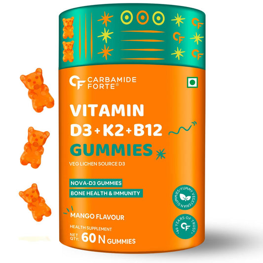 Carbamide Forte Vitamin D3 with Vitamin K2 MK7 & Vitamin B12 Gummies for Men, Women & Kids | Mango Flavoured - 60 Gummies