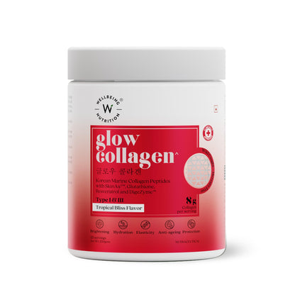 Wellbeing Nutrition Glow Collagen with Glutathione | Collagen Supplements for Women & Men | Marine Collagen Powder with SkinAx², Resveratrol, Bromelain & Goji Berry | 250g - Tropical Bliss Flavor