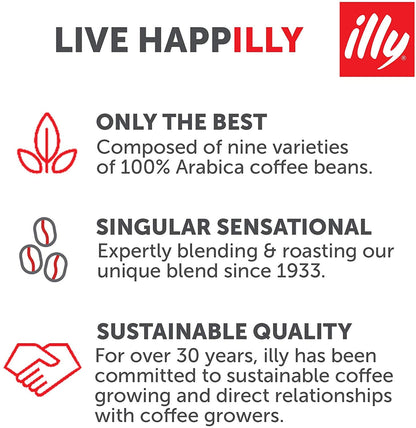 Illy Classico Whole Bean Coffee, Medium Roast, Classic Roast with Notes of Chocolate & Caramel, 100% Arabica Coffee, No Preservatives, 8.8 Ounce (Pack of 1)