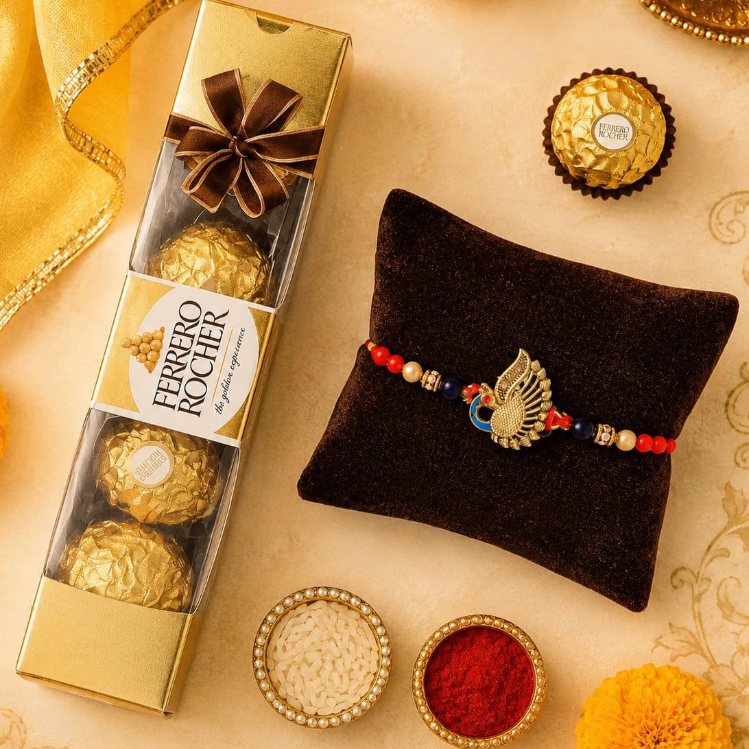 Peacock Rakhi Gift for Brother with Chocolate Gift Combo, Rakhi with Ferrero Rocher Chocolate for Bhaiya, Kids Boy, Rakhi Set of 1, Single Rakhi with Greeting Card, Tilakk Set
