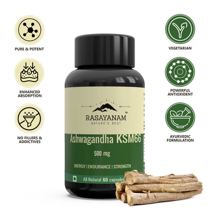 Rasayanam Ashwagandha Ksm-66 (500 Mg) Pack Of 3 Extra Strength Natural Formulation Support Strength & Energy Withania Somnifera Extract, capsule