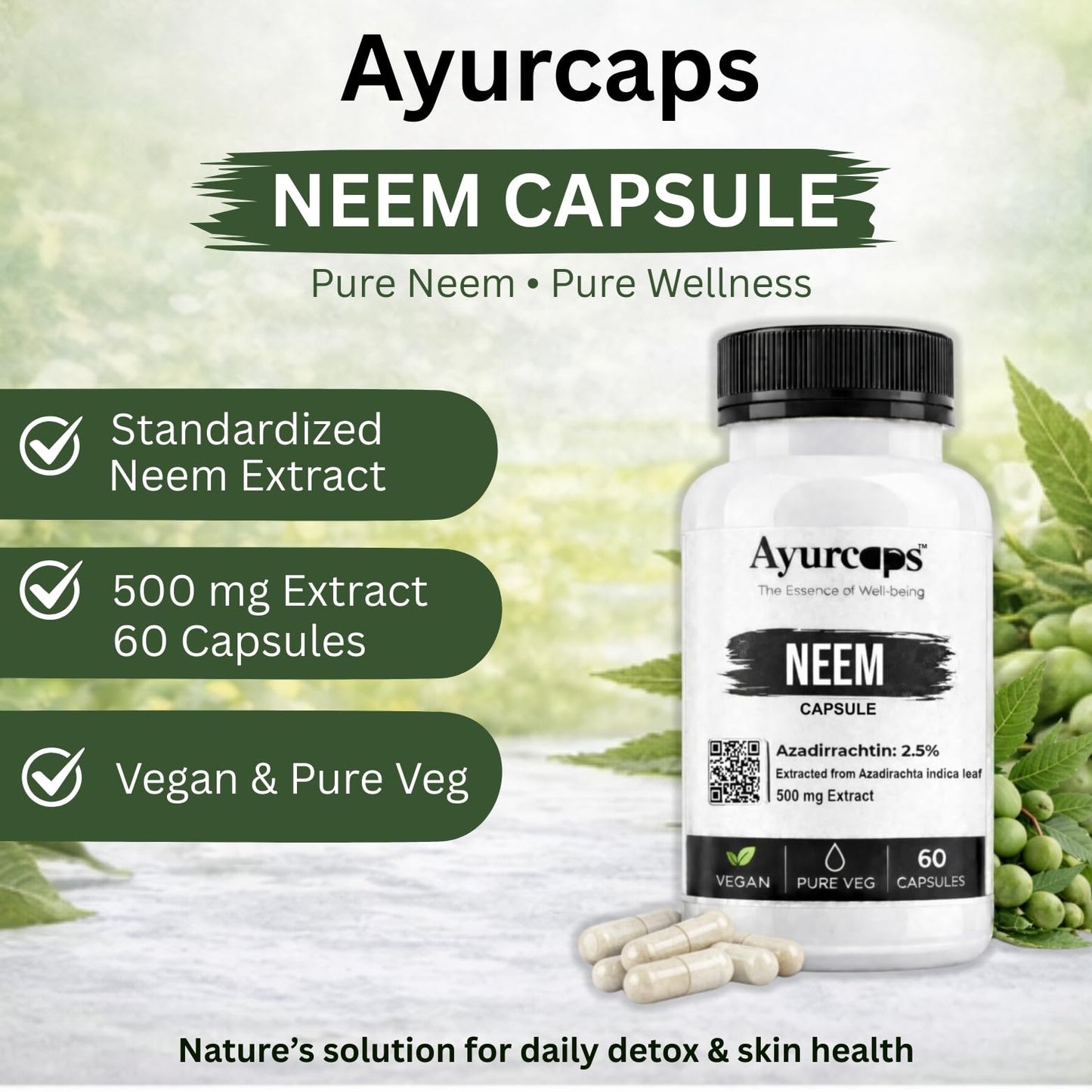 Ayurcaps Neem Supplement 500mg 60 Veg Capsules | Herbal Neem Extract For Skin Wellness, Detox Support And Immune Support | Supports Healthy Skin And Digestive Balance