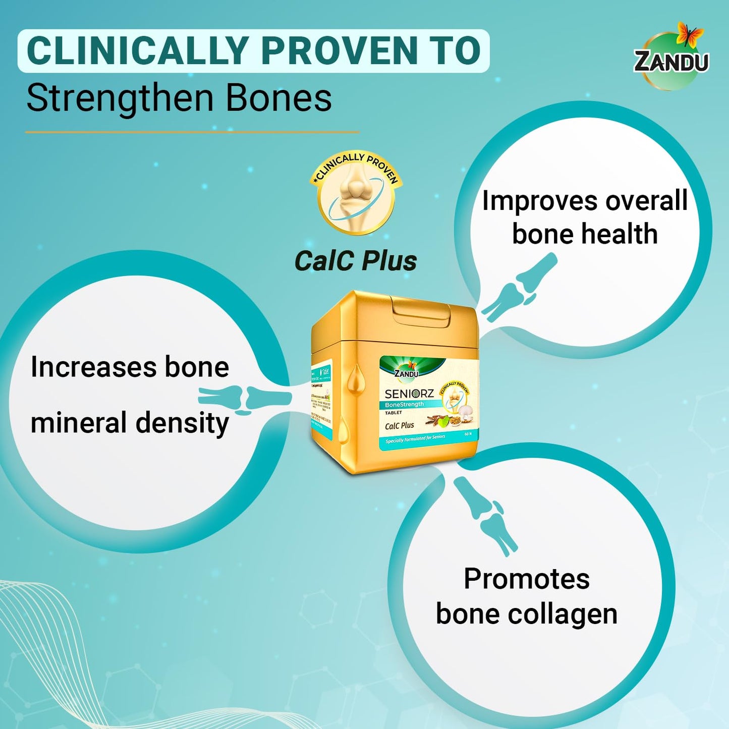 Zandu Seniorz BoneStrength Tablet, 60 Tablet, Clinically proven to Help Increase Bone Mineral Density & Collagen, Rich in Natural Calcium, Vitamin D3 | with Hadjod