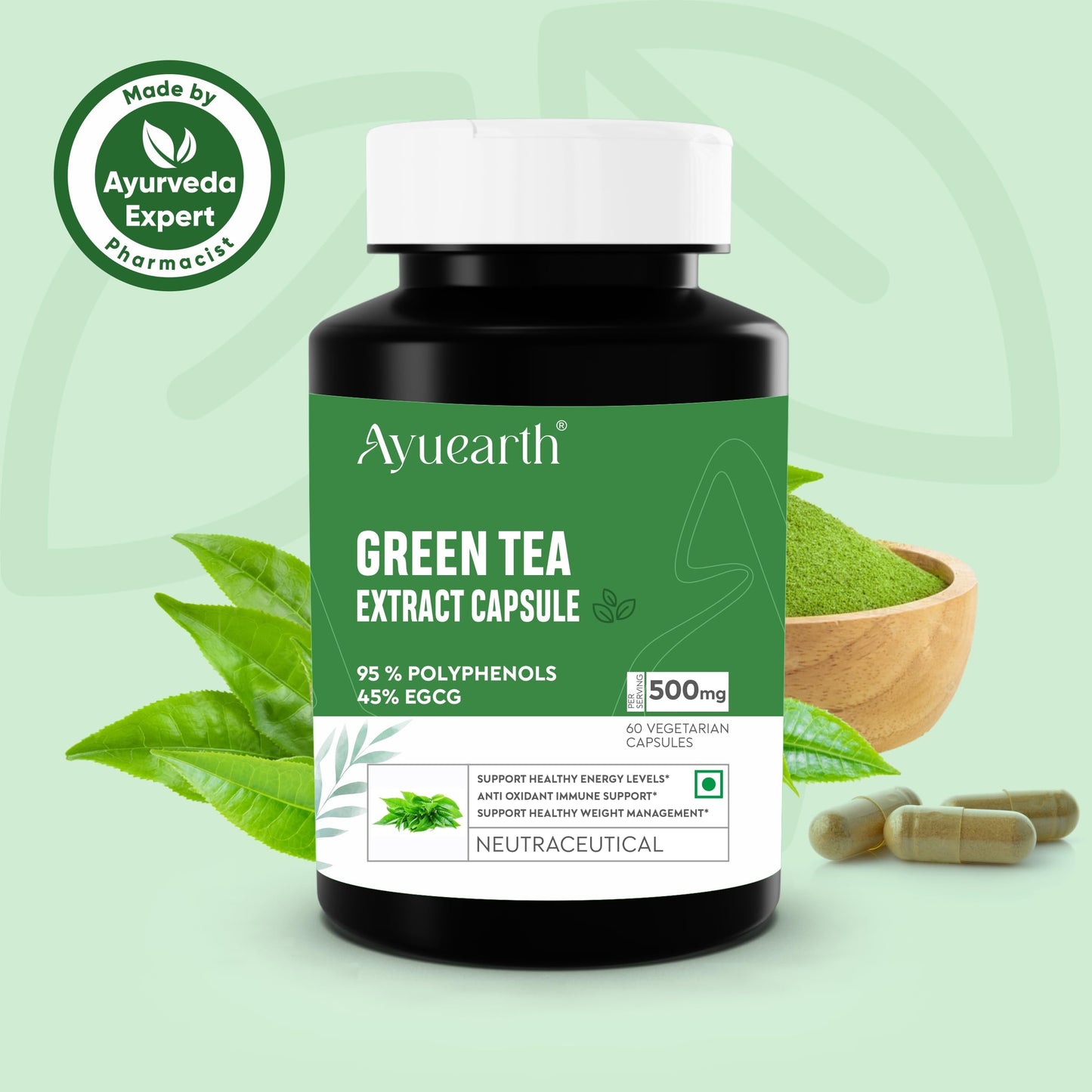Ayuearth Green Tea Extract Capsule 500mg | 95% Plyphenols, 45% EGCG Extract | Camellia Sinessis | Anti Oxidant | 60 Veg Capsule