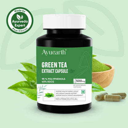 Ayuearth Green Tea Extract Capsule 500mg | 95% Plyphenols, 45% EGCG Extract | Camellia Sinessis | Anti Oxidant | 60 Veg Capsule