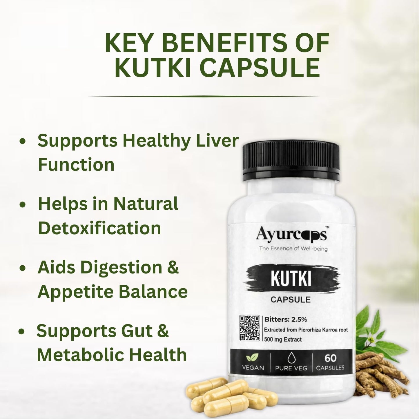 Ayurcaps Kutki 500mg Capsules | Ayurvedic Herbal Supplement For Liver And Digestive Wellness | Plant-based Extract For Daily Wellness Routine | 60 Veg Capsules (60 Count (Pack of 1))